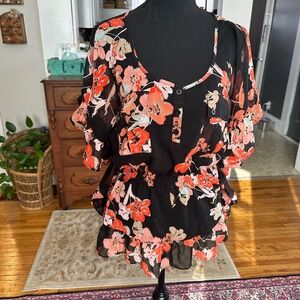 Candies Black Floral Chiffon Ruffle Sheer Top Women's Size L